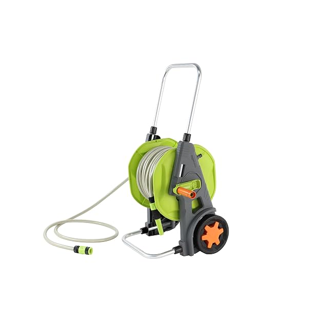 Carrello portatubo in plastica verde e grigia fornito con un tubo