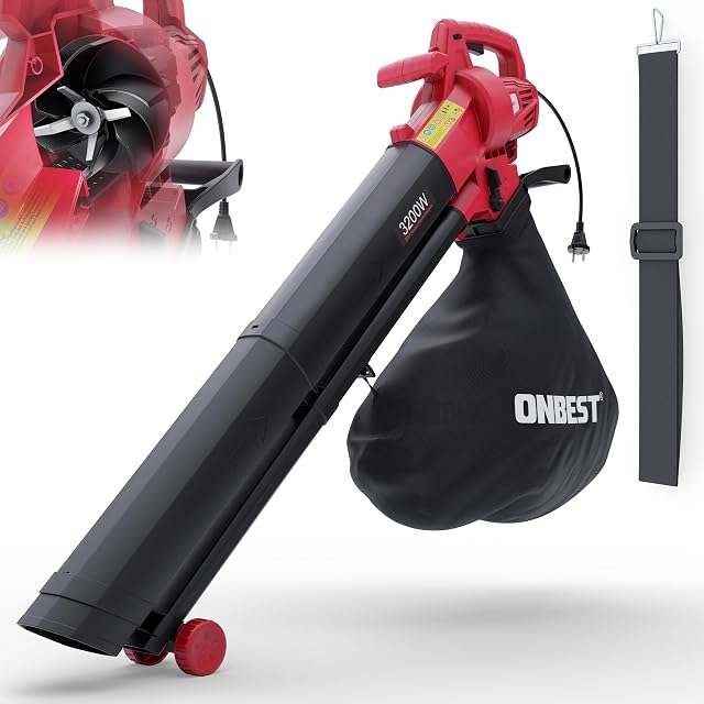 Soffiatore, aspiratore e trituratore di foglie elettrico con filo ONBEST 3 in 1 con sacco da 45 litri