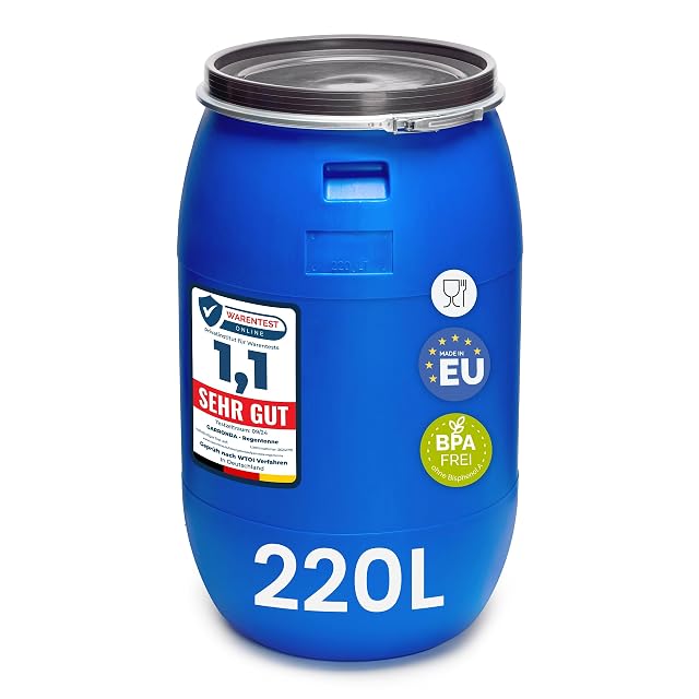 Fusto azzurro a bocca larga da 220 litri in HDPE con ghiera metallica