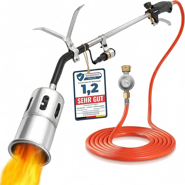 Bruciatore per erbacce con accensione piezo, riduttore di pressione e tubo gas