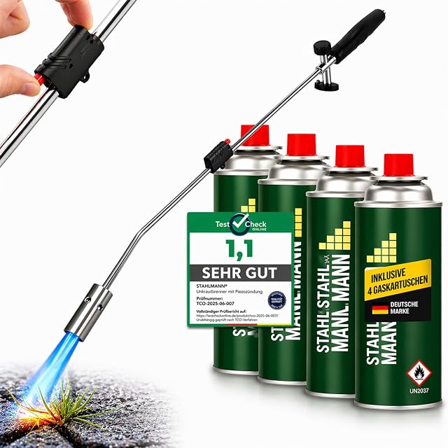 Bruciatore per erbacce con accensione piezo e cartucce di butano